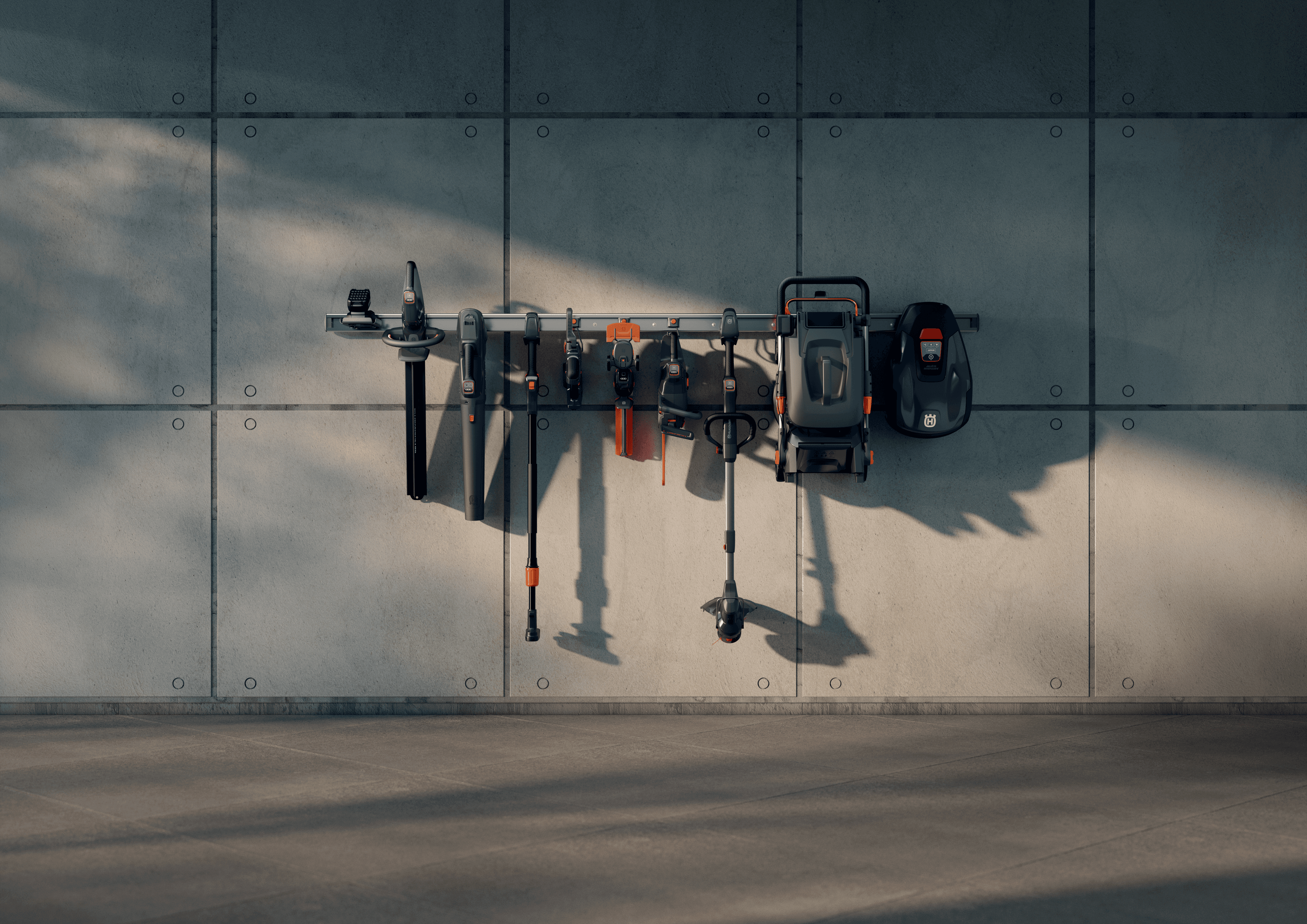 Made for easy storage with its tailor-made hook and compact design. Aspire™ tools can easily become even less bulky thanks to adjustable, collapsible or detachable parts that facilitate both storage and transport in tight spaces such as small sheds or cars. Using the hook included in every package, you can choose to store them directly on the wall or hang on our wall-mounted storage rail, part of the Husqvarna Storage system. Rail accessory sold separately. image